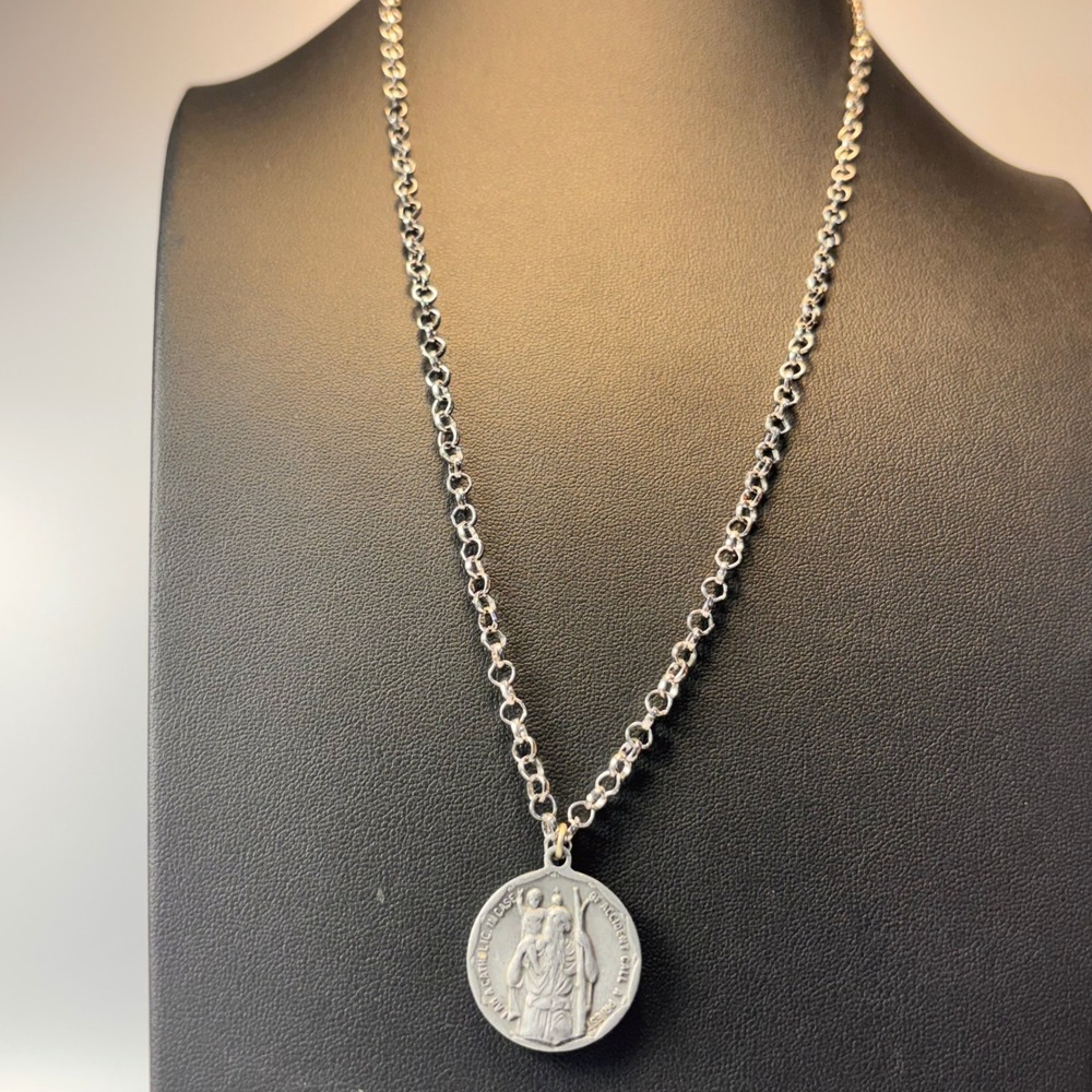 Vintage Saint Christopher Medal Necklace Silver Tone Catholic Religious Boho